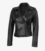 A black leather biker jacket with silver zippers and snap buttons on the collar. The cropped design conveys a stylish, edgy look against a white background.
