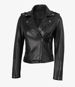 A black leather biker jacket with silver zippers and snap buttons on the collar. The cropped design conveys a stylish, edgy look against a white background.