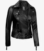 A sleek, black leather jacket with an asymmetrical zipper, snap buttons, and belted waist, conveying a stylish, edgy tone against a white background.