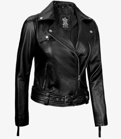 A sleek, black leather jacket with an asymmetrical zipper, snap buttons, and belted waist, conveying a stylish, edgy tone against a white background.