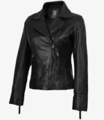 Black leather jacket with a notched collar and asymmetrical zipper. Features zippered pockets and cuffs. Exudes a classic, edgy style.