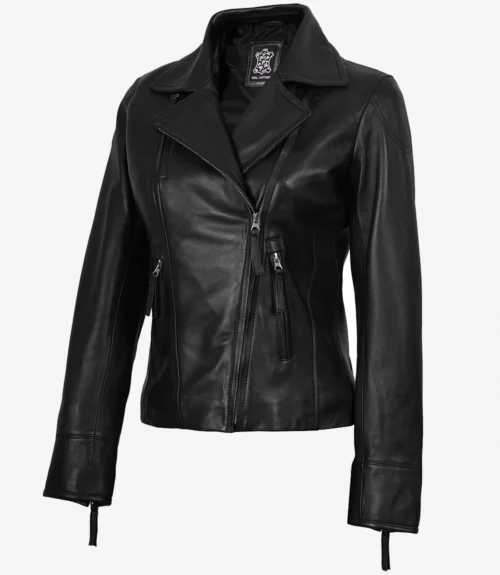 Black leather jacket with a notched collar and asymmetrical zipper. Features zippered pockets and cuffs. Exudes a classic, edgy style.