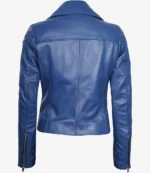 Back view of a vibrant blue leather jacket with tailored seams. The jacket features long sleeves with zippered cuffs, creating a sleek and stylish look.