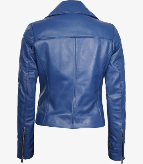 Back view of a vibrant blue leather jacket with tailored seams. The jacket features long sleeves with zippered cuffs, creating a sleek and stylish look.