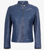Blue leather biker jacket with a stand collar, front zipper closure, and four zippered pockets. The design is sleek and modern, conveying a bold, stylish tone.