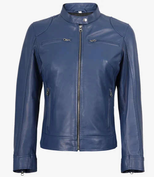 Blue leather biker jacket with a stand collar, front zipper closure, and four zippered pockets. The design is sleek and modern, conveying a bold, stylish tone.
