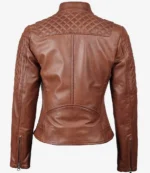Brown leather jacket with quilted detailing on shoulders and arms, viewed from the back. It has a sleek design with zippers on the sleeves.