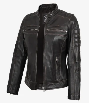 A sleek, black leather jacket with a stand-up collar, front zippers, and padded detailing on the shoulders and upper arms, exuding a stylish, edgy vibe.