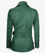 Back view of a green leather jacket with a belt and zippered sleeves. The design is sleek and fitted, conveying a modern and stylish look.