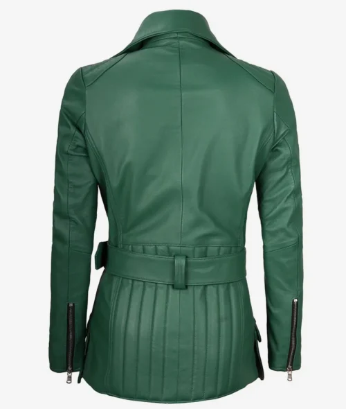 Back view of a green leather jacket with a belt and zippered sleeves. The design is sleek and fitted, conveying a modern and stylish look.