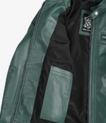 Open green leather jacket with visible black lining and multiple pockets. The label reads Real Leather, indicating genuine material. Casual and stylish.