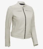 White leather jacket with a stand-up collar, zip-up front, and two zippered pockets. The sleek design conveys a modern, stylish look.