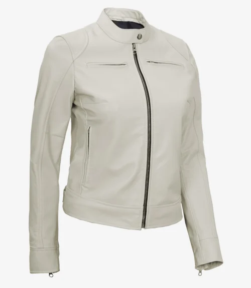 White leather jacket with a stand-up collar, zip-up front, and two zippered pockets. The sleek design conveys a modern, stylish look.