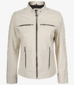 Off White leather jacket with a sleek design, featuring a stand collar, front zipper closure, and multiple zippered pockets. Stylish and modern look.
