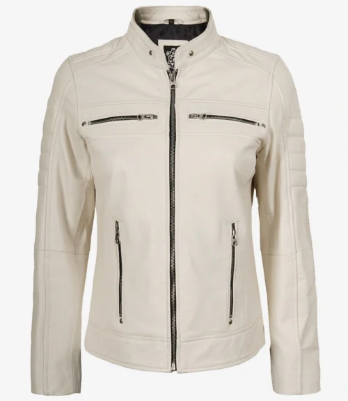 Off White leather jacket with a sleek design, featuring a stand collar, front zipper closure, and multiple zippered pockets. Stylish and modern look.