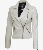 White leather motorcycle jacket with silver zippers and buttons. The jacket features a stylish lapel and fitted design. It conveys a chic, edgy tone.