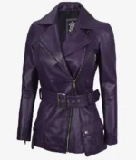 A stylish purple leather jacket with a belted waist, double-breasted zipper style, and buttoned pockets, conveying a trendy and bold fashion choice.