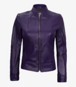 Purple leather jacket with sleek design, zip closure, and high collar. The glossy texture and defined seams create a bold, stylish look.