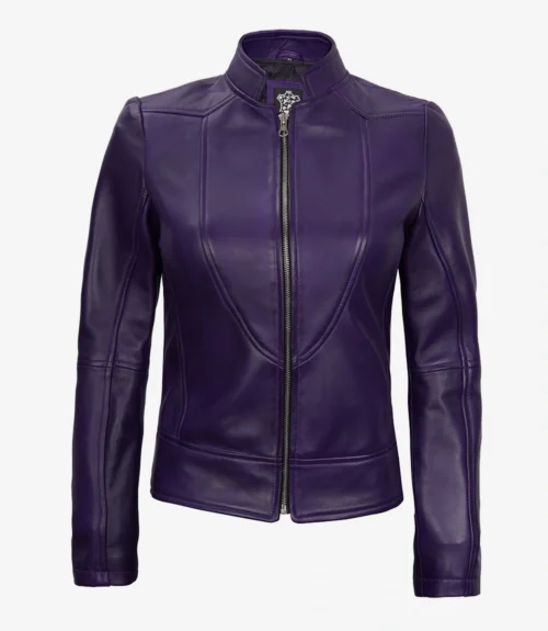 Purple leather jacket with sleek design, zip closure, and high collar. The glossy texture and defined seams create a bold, stylish look.