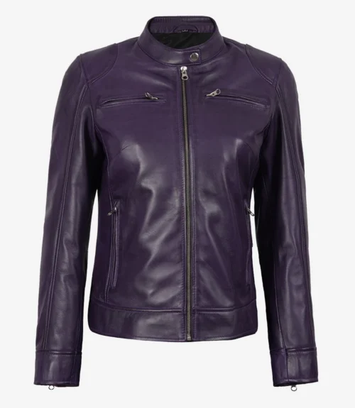 Purple leather jacket with a mandarin collar, zipper front, and four zippered pockets. The design is sleek and modern, conveying a bold style.