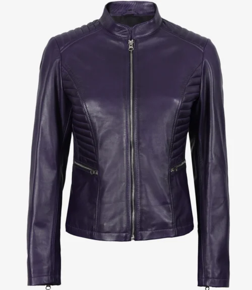 Purple leather jacket with a sleek design, featuring quilted shoulder accents and a front zipper. The style is modern and edgy, conveying sophistication.