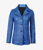 A vibrant blue leather jacket with a tailored fit, featuring a notched collar and three-button front closure, displayed on a plain white background.