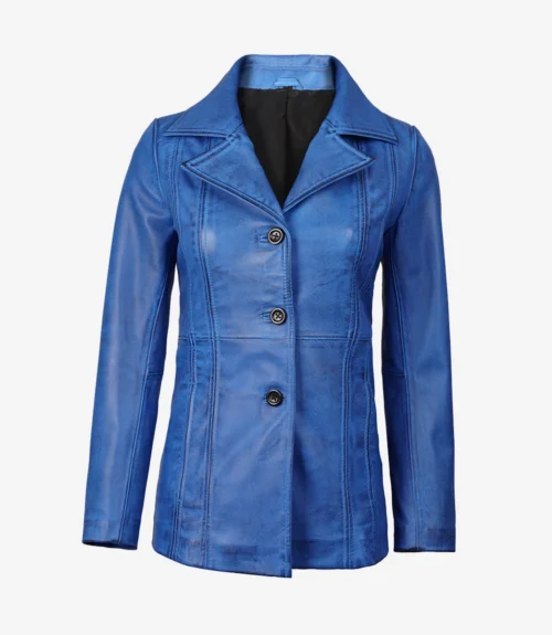 A vibrant blue leather jacket with a tailored fit, featuring a notched collar and three-button front closure, displayed on a plain white background.