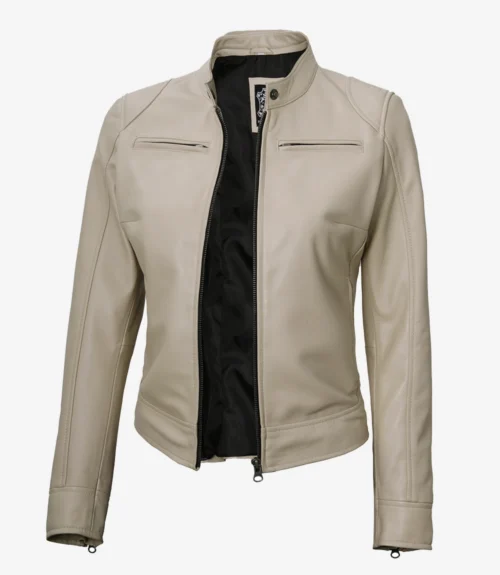 A beige leather jacket with a stand collar, open front, and sleek design. It has zippered chest pockets and a black inner lining, conveying a modern, stylish look.