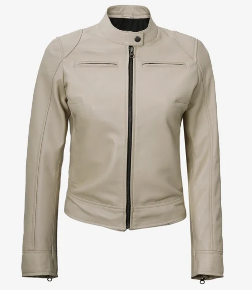Beige leather jacket with a high collar, front zipper, and minimalist design. The jacket has two chest pockets and a sleek, modern look.