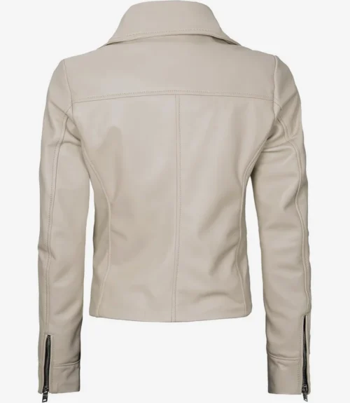 Back view of a light beige, leather jacket featuring a structured design. The jacket has a high collar, stitching details, and zippered cuffs, conveying a sleek, modern style.