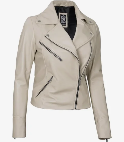 Beige leather jacket with an asymmetrical zipper, black interior, and silver hardware. Features notched lapels and multiple front zip pockets.
