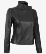 Black leather jacket with a sleek, fitted design, high collar, and subtle vertical seams. The style is modern and edgy against a plain white background.