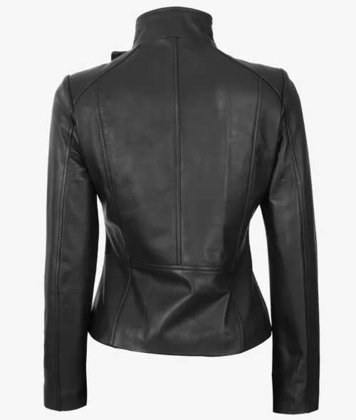 Black leather jacket viewed from the back showing a fitted design, high collar, and elegant stitching, evoking a sleek and stylish appearance.