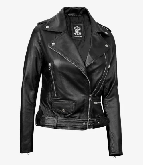 A black leather biker jacket with silver zippers, a belted waist, and a notched collar against a plain white background, conveying a bold, edgy style.