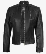 Black leather jacket with quilted shoulders, zippered chest and side pockets. The jacket features a sleek, modern design and a stand-up collar.