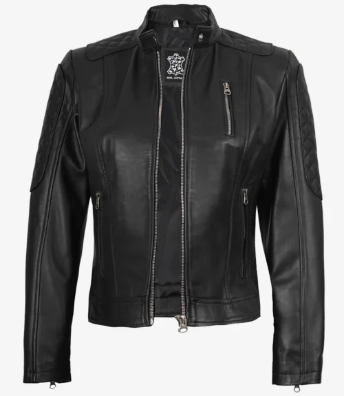 Black leather jacket with quilted shoulders, zippered chest and side pockets. The jacket features a sleek, modern design and a stand-up collar.