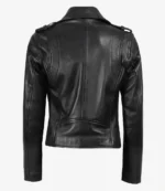 Black leather jacket viewed from the back, showcasing shoulder epaulets, sleek stitching, and a fitted design. The tone is stylish and edgy.