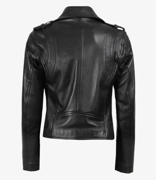 Black leather jacket viewed from the back, showcasing shoulder epaulets, sleek stitching, and a fitted design. The tone is stylish and edgy.