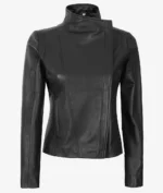 Sleek black leather jacket with a high collar and tailored fit, featuring asymmetrical front seams. The tone is modern and stylish.