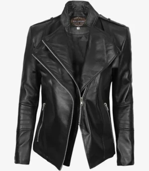 Sleek black leather jacket with asymmetrical zipper, wide lapels, and front pockets. Texture is smooth and shiny, conveying a bold, stylish tone.