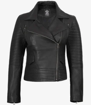 Black leather biker jacket with asymmetrical zipper, quilted shoulders, and sleeves. The style is edgy, sleek, and modern, conveying a bold tone.