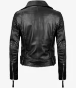 Black leather jacket viewed from the back, showcasing a sleek design with shoulder epaulets and zippered cuffs. The tone is stylish and edgy.