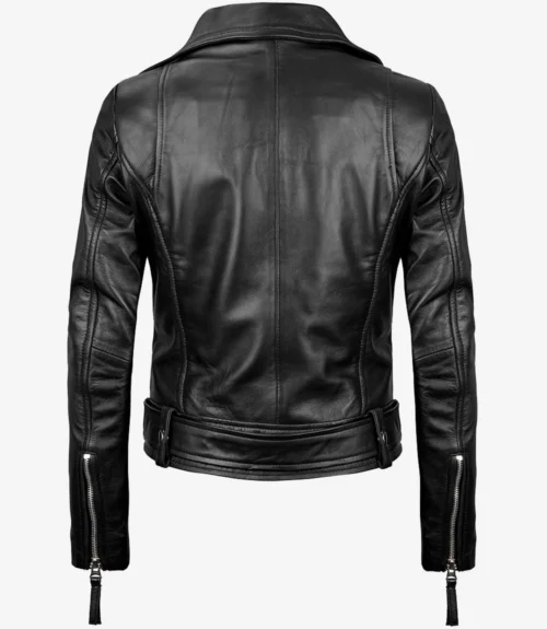 Black leather jacket viewed from the back, showcasing a sleek design with shoulder epaulets and zippered cuffs. The tone is stylish and edgy.