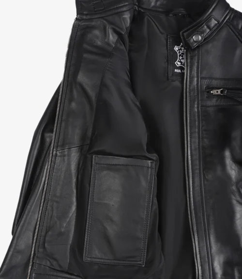 Open black leather jacket with a visible interior pocket on the left side. The exterior features a zippered pocket and a high collar with button detail.