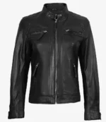 A sleek black leather jacket with a front zipper, snapped collar, and zippered pockets. The fabric appears smooth and glossy, conveying a modern, stylish look.