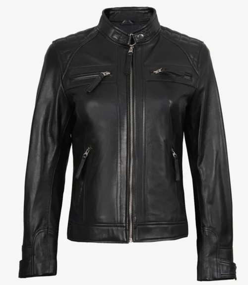 A sleek black leather jacket with a front zipper, snapped collar, and zippered pockets. The fabric appears smooth and glossy, conveying a modern, stylish look.
