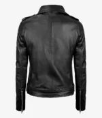 The back view of a sleek black leather jacket on a plain white background. It features shoulder epaulets and zippered sleeves, conveying a classic and edgy style.