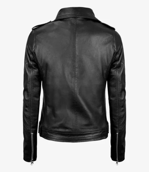 The back view of a sleek black leather jacket on a plain white background. It features shoulder epaulets and zippered sleeves, conveying a classic and edgy style.