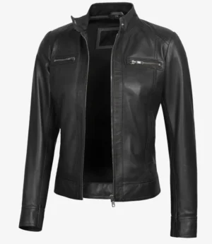 Black leather jacket on a white background. Features a stand collar, full-length zipper, and two zippered chest pockets, conveying a stylish, edgy tone.