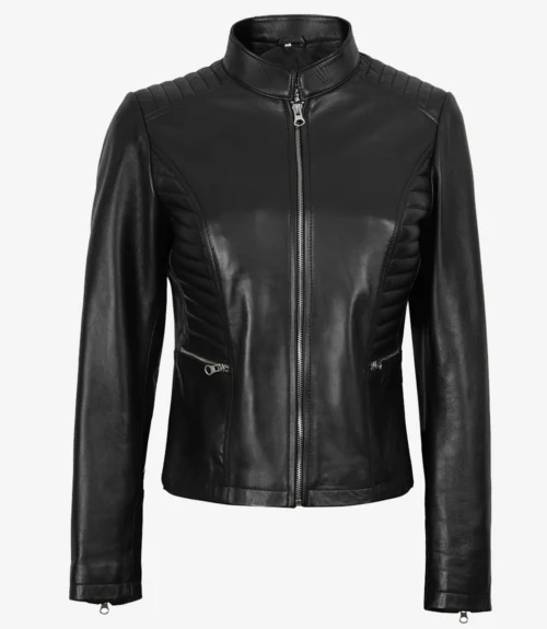 Black leather jacket with a front zipper, quilted shoulder design, and zipped pockets, conveying a sleek and edgy style against a white background.